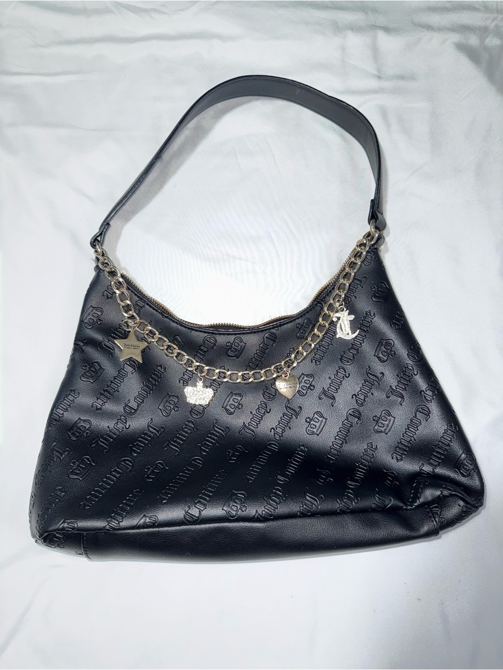 Juicy Couture Black Embossed Shoulder Bag with Gold Charm Chain Accents